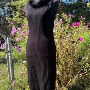 No Boundaries Black Ribbed Dress with Fur Collar